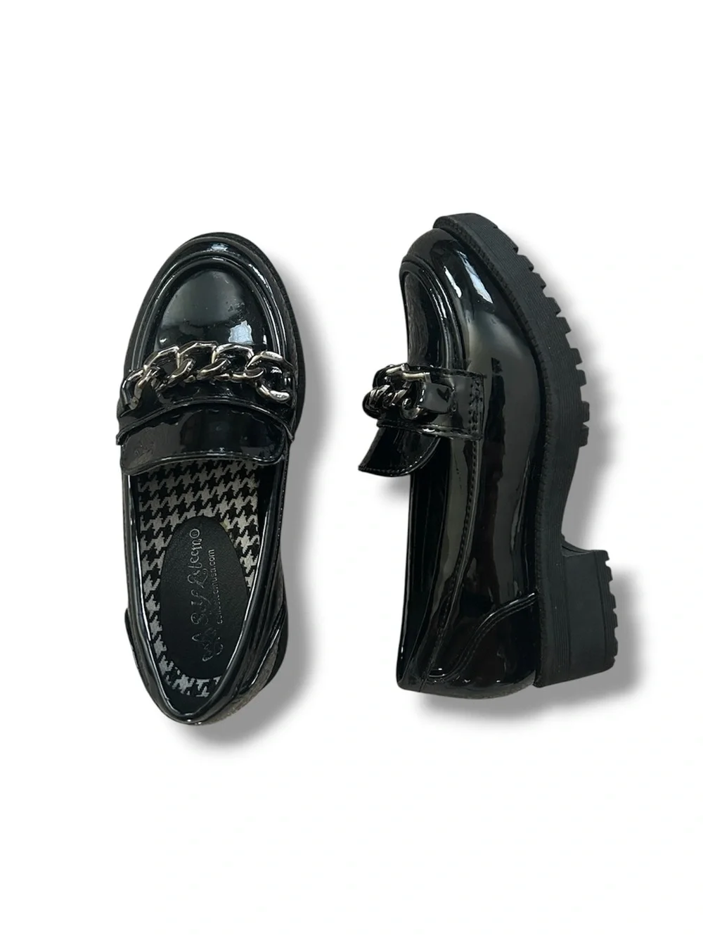 Girls Kids Patent Black Chain Lug Sole Loafers Size 11